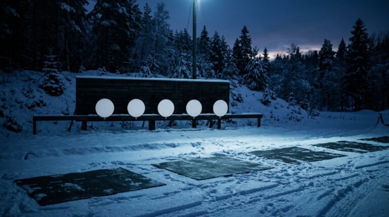 Hämärässä valaistu ampumahiihdon ampumarata lumisateessa, viisi taulua rivissä ja tyhjät ampumamatot etualalla.