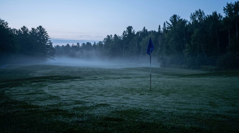 Tyhjä golfkenttä hämärässä, sumua väylällä ja lipputanko kaukaisella viheriöllä sinisessä valossa