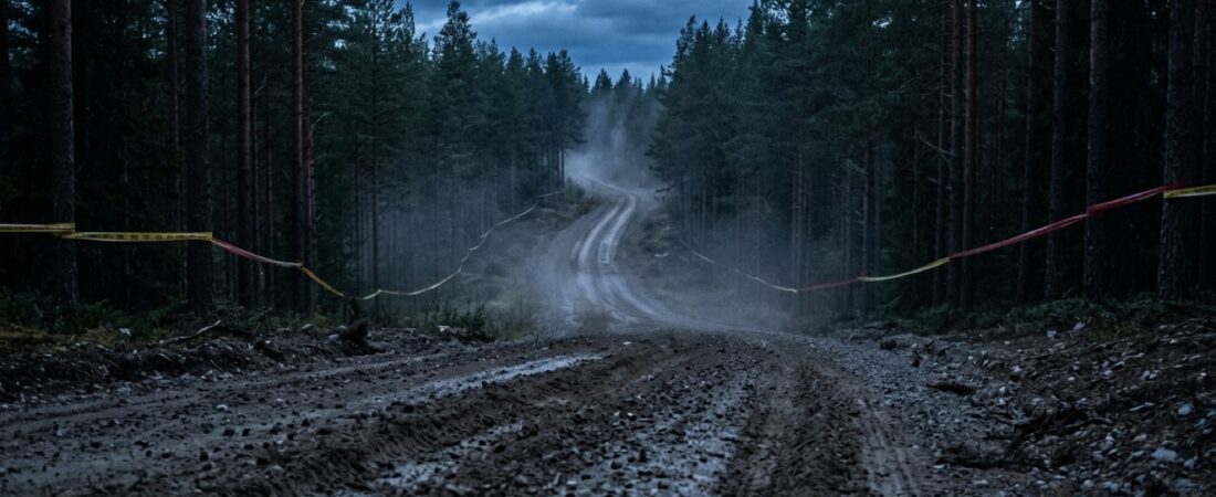 Tunnistamaton ralliauto irtoaa sorakumpareelta hämärässä havumetsässä, takaa valaistu pölypilvi ja sähkönsininen reunavalo korostavat auton ääriviivoja.