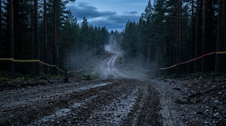 Tunnistamaton ralliauto irtoaa sorakumpareelta hämärässä havumetsässä, takaa valaistu pölypilvi ja sähkönsininen reunavalo korostavat auton ääriviivoja.