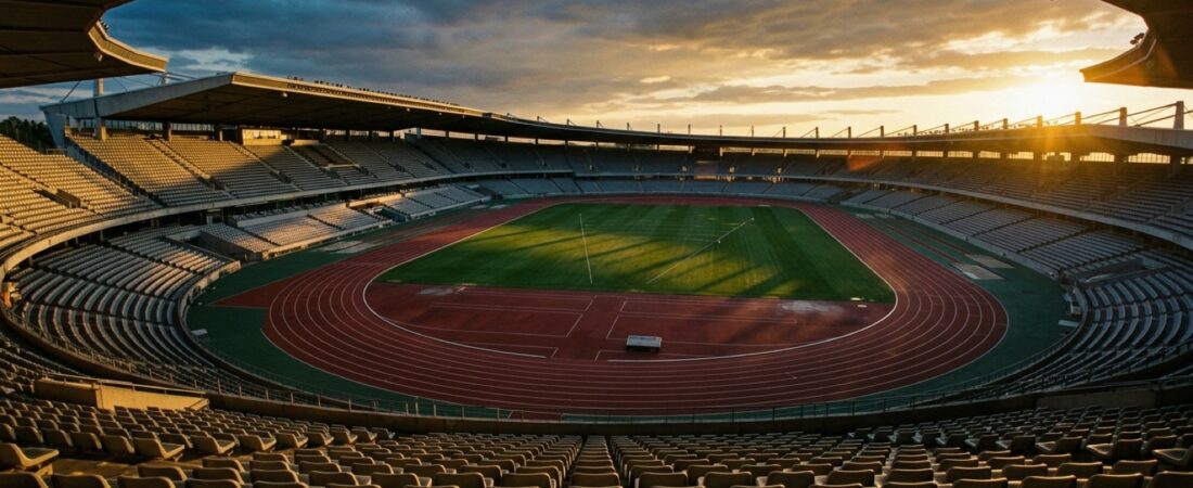 Tyhjä yleisurheilustadion hämärässä, sininen juoksurata kaartuu kuvassa ja valonheittimet heijastuvat märkään pintaan sähkönsinisenä.