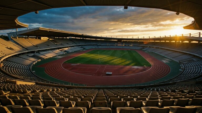 Tyhjä yleisurheilustadion hämärässä, sininen juoksurata kaartuu kuvassa ja valonheittimet heijastuvat märkään pintaan sähkönsinisenä.