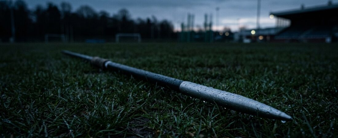 Tyhjä keihäänheiton vauhdinottorata ja alastulosektori valaistulla stadionilla yöllä, sähkönsininen valojuova radan reunassa.