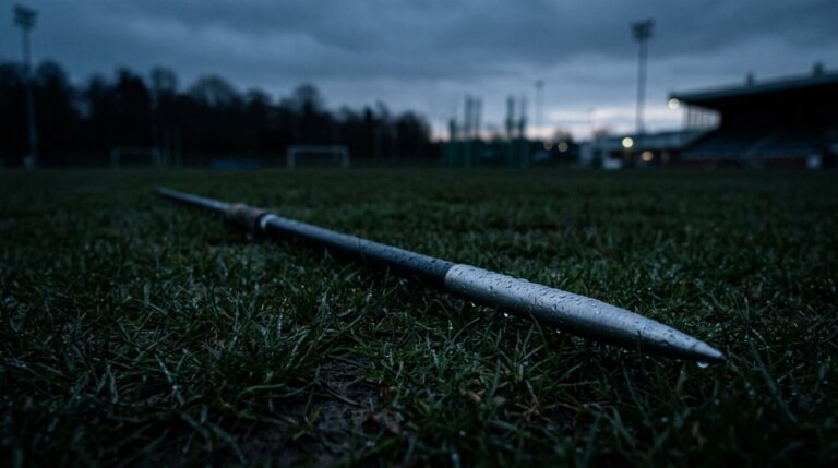 Tyhjä keihäänheiton vauhdinottorata ja alastulosektori valaistulla stadionilla yöllä, sähkönsininen valojuova radan reunassa.