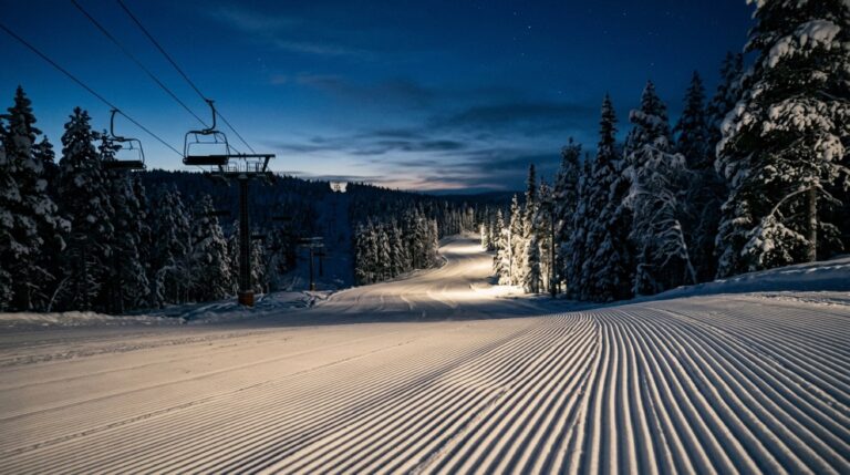 Tyhjä muokattu laskettelurinne yöllä, rinnevalot valaisevat lunta ja taustalla lumiset kuuset sinertävässä hämärässä.