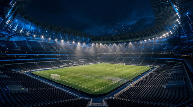 Tyhjä jalkapallostadion yöllä finaalin jälkeen, konfettia valonheittimien valossa