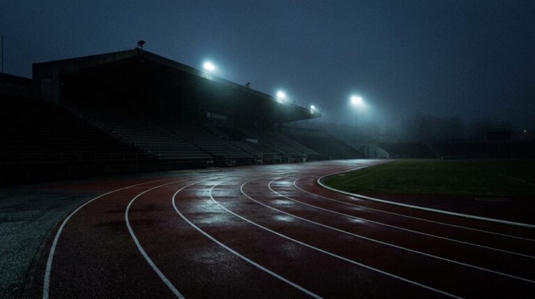 Tyhjä yleisurheilustadion hämärässä, sinisen juoksuradan kaarre ja valonheittimien sähkönsininen hehku.