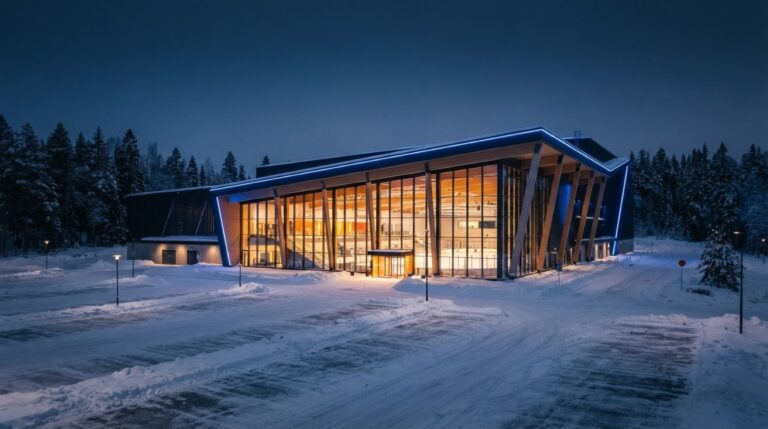 Tyhjä moderni jäähalli iltavalaistuksessa yläkatsomosta kuvattuna, sinisenä hohtava jääkenttä ja pimeät katsomorivit.